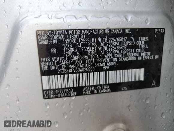 ✅ 2013 Toyota RAV4 LE • VIN: 2T3BFREV6DW026880 • Lot: 89533045. Listed on Copart with 174,305 mi. Free auction sales archive from the USA and detailed vehicle history report at DreamBid. Image 13.