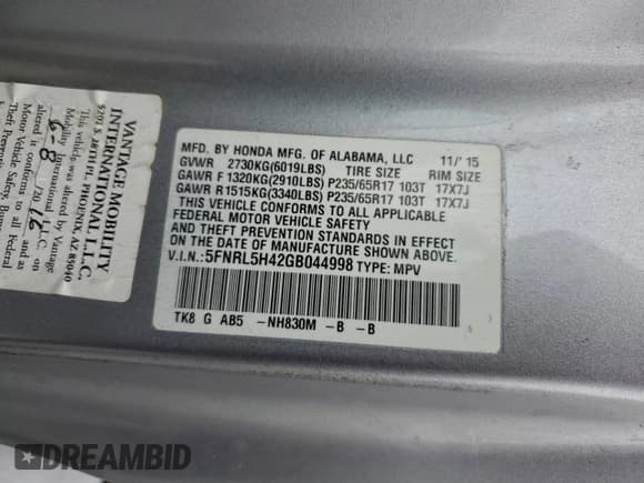 ✅ 2016 Honda Odyssey EX • VIN: 5FNRL5H42GB044998 • Lot: 94081175. Listed on Copart with 33,370 mi. Free auction sales archive from the USA and detailed vehicle history report at DreamBid. Image 13.