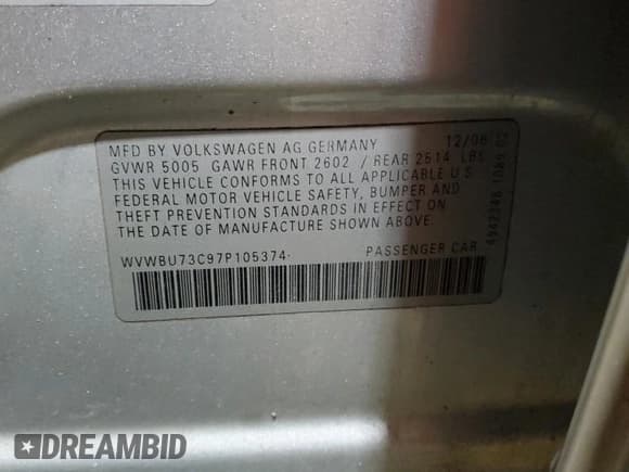 ✅ 2007 Volkswagen Passat • VIN: WVWBU73C97P105374 • Lot: 85932264. Wystawiony na Copart z przebiegiem 116 558 mil. Bezpłatny archiwum sprzedaży aukcyjnych z USA i szczegółowy raport historii pojazdu na DreamBid. Zdjęcie 12.