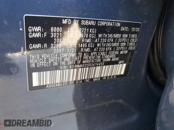 ✅ 2024 Subaru Ascent Onyx Limited • VIN: 4S4WMAKD0R3414455 • Лот: 66184115. Опубликован ранее на Copart с пробегом 12 169 миль. Бесплатный доступ к архиву аукционных продаж из США и подробный отчёт об истории автомобиля на DreamBid. Изображение 14.