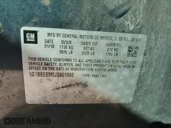 ✅ 2018 Chevrolet Cruze LT • VIN: 3G1BE6SM5JS601680 • Lot: 41832083. Listed on Copart with 82,357 mi. Free auction sales archive from the USA and detailed vehicle history report at DreamBid. Image 12.