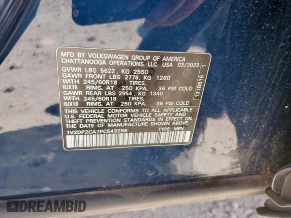 ✅ 2023 Volkswagen Atlas SE • VIN: 1V2DP2CA7PC543298 • Lot: 61067605. Wystawiony na Copart z przebiegiem 22 862 mil. Bezpłatny archiwum sprzedaży aukcyjnych z USA i szczegółowy raport historii pojazdu na DreamBid. Zdjęcie 13.