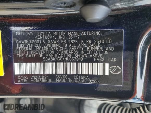 ✅ 2017 Lexus ES 350 • VIN: 58ABK1GGXHU067919 • Lot: 85901435. Listed on Copart with 121,622 mi. Free auction sales archive from the USA and detailed vehicle history report at DreamBid. Image 13.