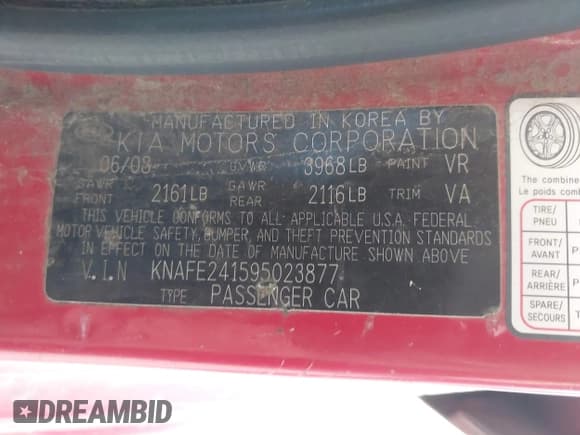 ✅ 2009 Kia Spectra Spectra5 • VIN: KNAFE241595023877 • Lot: 42583449. Listed on IAAI with 160,843 mi. Free auction sales archive from the USA and detailed vehicle history report at DreamBid. Image 9.