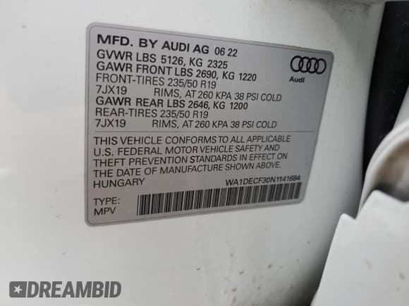 ✅ 2022 Audi Q3 S line Premium • VIN: WA1DECF30N1141684 • Lot: 57807585. Listed on Copart with 40,837 mi. Free auction sales archive from the USA and detailed vehicle history report at DreamBid. Image 12.