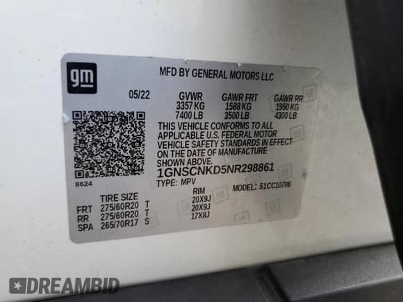 2022 Chevrolet Tahoe LT с VIN 1GNSCNKD5NR298861, выставлен на аукционе Copart как лот 83758315 с пробегом 44 512 миль миль и Списание • Salvage title. История ставок и продаж доступна на DreamBid. Изображение 13.