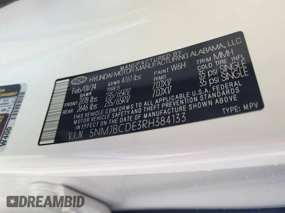 2024 Hyundai Tucson SEL with VIN 5NMJBCDE3RH384133, listed as a IAAI auction lot 43013719 with 31,567 mi miles and . Bid and sale history available at DreamBid. Image 1.