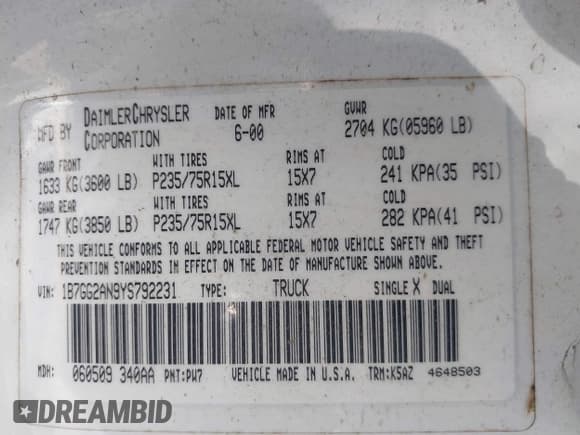 ✅ 2000 Dodge Dakota Sport • VIN: 1B7GG2AN9YS792231 • Lot: 42174764. Wystawiony na IAAI z przebiegiem 285 535 mil. Bezpłatny archiwum sprzedaży aukcyjnych z USA i szczegółowy raport historii pojazdu na DreamBid. Zdjęcie 9.