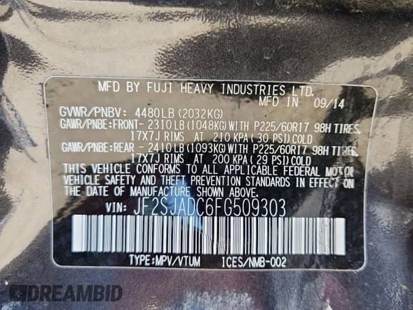 2015 Subaru Forester Premium с VIN JF2SJADC6FG509303, выставлен на аукционе Copart как лот 69158045 с пробегом 135 476 миль миль и Списание • Salvage title. История ставок и продаж доступна на DreamBid. Изображение 13.