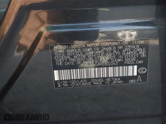 ✅ 2009 Lexus ES 330 • VIN: JTHBJ46G492302263 • Lot: 43711215. Listed on IAAI with 133,563 mi. Free auction sales archive from the USA and detailed vehicle history report at DreamBid. Image 9.