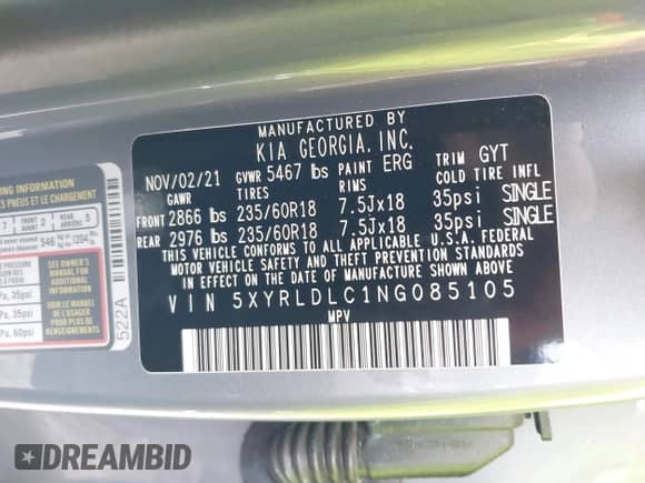 2022 Kia Sorento X-Line S z VIN 5XYRLDLC1NG085105, wystawiony jako IAAI lot #42375855 z przebiegiem 43 182 mil mil oraz . Historia ofert i sprzedaży dostępna na DreamBid. Obrazek 9.