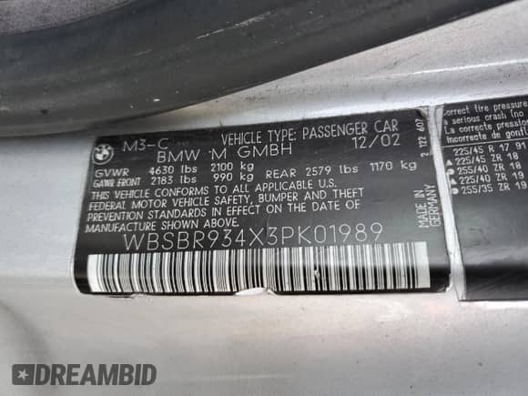 2003 BMW 3 Series M3 с VIN WBSBR934X3PK01989, выставлен на аукционе Copart как лот 89450725 с пробегом 138 648 миль миль и Списание • Salvage title. История ставок и продаж доступна на DreamBid. Изображение 12.