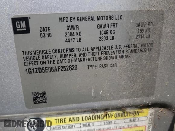 ✅ 2010 Chevrolet Malibu 2LT • VIN: 1G1ZD5E06AF252828 • Lot: 70065954. Listed on Copart with Not provided. Free auction sales archive from the USA and detailed vehicle history report at DreamBid. Image 12.