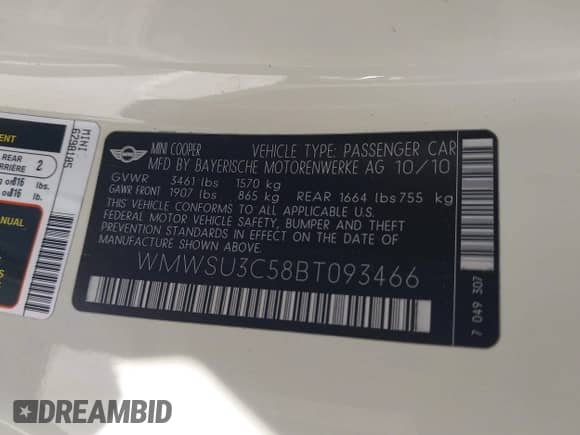 2011 MINI Hardtop with VIN WMWSU3C58BT093466, listed as a IAAI auction lot 42393759 with 91,535 mi miles and . Bid and sale history available at DreamBid. Image 9.