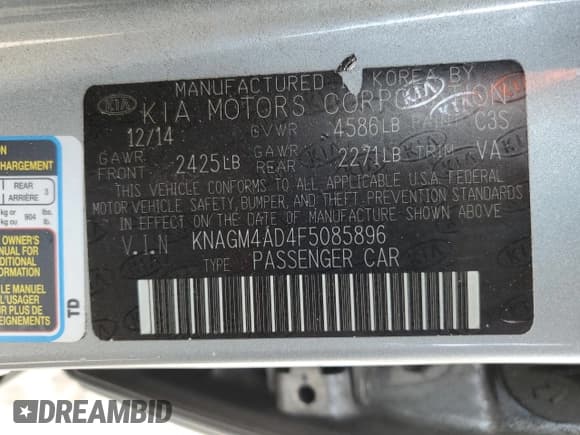 ✅ 2015 Kia Optima • VIN: KNAGM4AD4F5085896 • Лот: 82085935. Опубликован ранее на Copart с пробегом 118 997 миль. Бесплатный доступ к архиву аукционных продаж из США и подробный отчёт об истории автомобиля на DreamBid. Изображение 12.