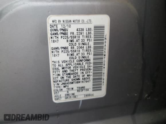 ✅ 2011 Nissan Rogue S • VIN: JN8AS5MT0BW167947 • Lot: 89648375. Listed on Copart with 149,686 mi. Free auction sales archive from the USA and detailed vehicle history report at DreamBid. Image 14.