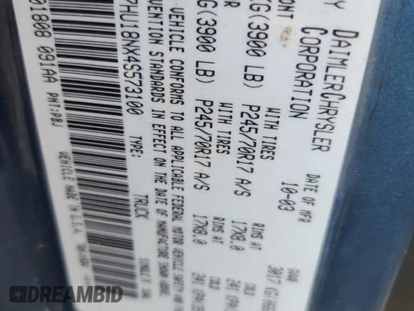 ✅ 2004 Dodge 1500 SLT • VIN: 1D7HU18NX4S573100 • Lot: 65593555. Listed on Copart with 129,583 mi. Free auction sales archive from the USA and detailed vehicle history report at DreamBid. Image 12.