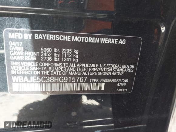 ✅ 2017 BMW 5 Series 540i • VIN: WBAJE5C38HG915767 • Lot: 42724169. Listed on IAAI with 68,246 mi. Free auction sales archive from the USA and detailed vehicle history report at DreamBid. Image 9.