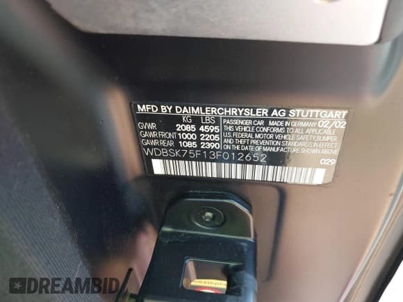 ✅ 2003 Mercedes-Benz SL 500 • VIN: WDBSK75F13F012652 • Lot: 43800200. Listed on IAAI with 153,459 mi. Free auction sales archive from the USA and detailed vehicle history report at DreamBid. Image 9.