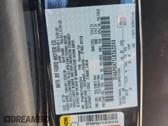 ✅ 2020 Ford Fusion SE • VIN: 3FA6P0H71LR263244 • Lot: 68086815. Listed on Copart with 105,277 mi. Free auction sales archive from the USA and detailed vehicle history report at DreamBid. Image 12.