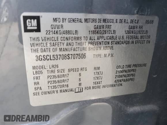 2008 Saturn VUE XR с VIN 3GSCL53708S707506, выставлен на аукционе Copart как лот 75259584 с пробегом Не указан миль и Списание • Salvage title. История ставок и продаж доступна на DreamBid. Изображение 15.