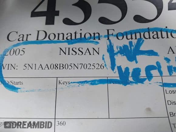 ✅ 2005 Nissan Armada LE • VIN: 5N1AA08B05N702526 • Lot: 43554623. Listed on IAAI with 184,407 mi. Free auction sales archive from the USA and detailed vehicle history report at DreamBid. Image 9.