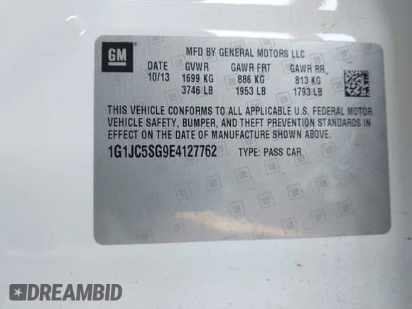 2014 Chevrolet Sonic LT with VIN 1G1JC5SG9E4127762, listed as a IAAI auction lot 43521388 with 128,333 mi miles and . Bid and sale history available at DreamBid. Image 9.