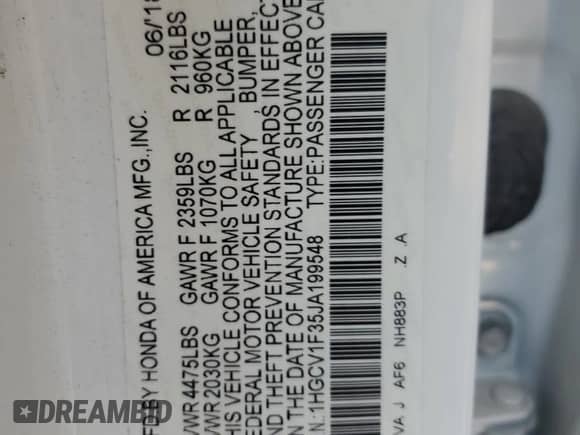 2018 Honda Accord Sport с VIN 1HGCV1F35JA199548, выставлен на аукционе Copart как лот 80586065 с пробегом 105 106 миль миль и Списание • Salvage title. История ставок и продаж доступна на DreamBid. Изображение 12.