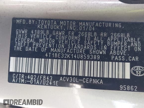 ✅ 2004 Toyota Camry LE • VIN: 4T1BE32K14U859389 • Lot: 41879442. Listed on IAAI with 177,929 mi. Free auction sales archive from the USA and detailed vehicle history report at DreamBid. Image 9.