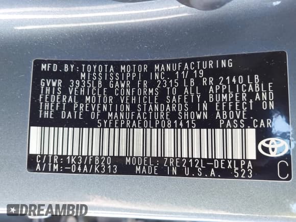 ✅ 2020 Toyota Corolla LE • VIN: 5YFEPRAE0LP081415 • Lot: 43467273. Listed on IAAI with 77,112 mi. Free auction sales archive from the USA and detailed vehicle history report at DreamBid. Image 9.