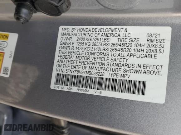 ✅ 2021 Honda Passport Touring • VIN: 5FNYF8H97MB036228 • Lot: 66341695. Listed on Copart with Not provided. Free auction sales archive from the USA and detailed vehicle history report at DreamBid. Image 13.