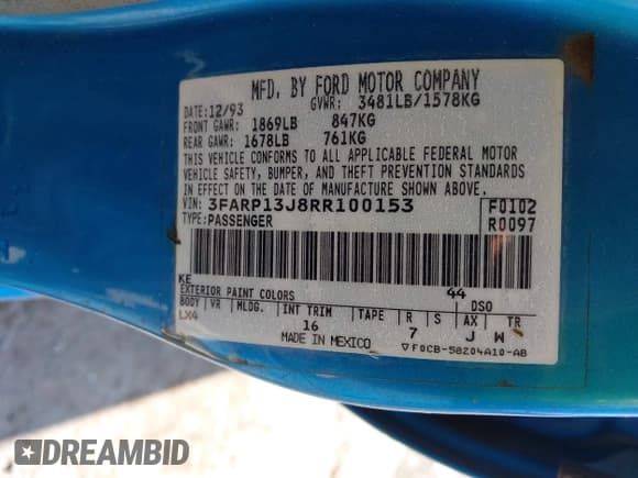 ✅ 1994 Ford Escort • VIN: 3FARP13J8RR100153 • Lot: 41934023. Listed on IAAI with 600,704 mi. Free auction sales archive from the USA and detailed vehicle history report at DreamBid. Image 9.