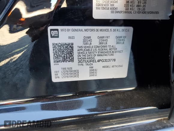 ✅ 2023 GMC Sierra 1500 AT4X • VIN: 3GTUUFEL4PG313778 • Лот: 65370265. Опубликован ранее на Copart с пробегом 16 892 миль. Бесплатный доступ к архиву аукционных продаж из США и подробный отчёт об истории автомобиля на DreamBid. Изображение 13.