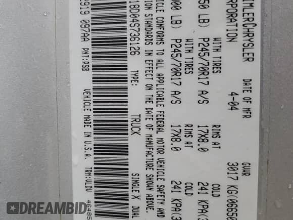 2004 Dodge 1500 SLT с VIN 1D7HA18D04S736126, выставлен на аукционе Copart как лот 73886814 с пробегом 130 689 миль миль и Списание • Salvage title. История ставок и продаж доступна на DreamBid. Изображение 13.