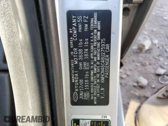 2008 Hyundai Accent GLS with VIN KMHCN46C48U275975, listed as a Copart auction lot 76607524 with 84,400 mi miles and Salvage title. Bid and sale history available at DreamBid. Image 12.