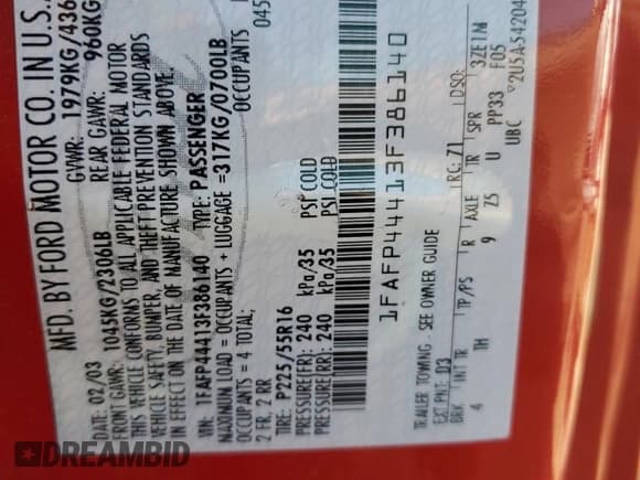 ✅ 2003 Ford Mustang Deluxe • VIN: 1FAFP44413F386140 • Lot: 85580595. Listed on Copart with 96,580 mi. Free auction sales archive from the USA and detailed vehicle history report at DreamBid. Image 12.