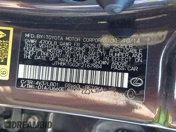 ✅ 2015 Lexus ES 330 • VIN: JTHBK1GG2F2167984 • Lot: 43653462. Wystawiony na IAAI z przebiegiem 161 076 mil. Bezpłatny archiwum sprzedaży aukcyjnych z USA i szczegółowy raport historii pojazdu na DreamBid. Zdjęcie 9.