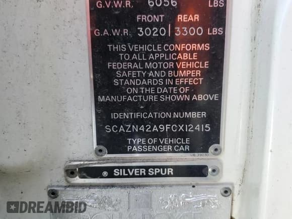 ✅ 1985 Rolls-Royce Silver Spur • VIN: SCAZN42A9FCX12415 • Lot: 76838554. Listed on Copart with 79,123 mi. Free auction sales archive from the USA and detailed vehicle history report at DreamBid. Image 13.