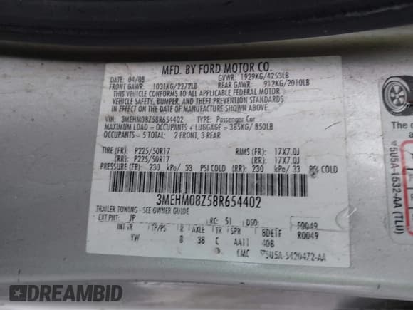 ✅ 2008 Mercury Milan Premier • VIN: 3MEHM08Z58R654402 • Lot: 42496999. Listed on IAAI with 196,215 mi. Free auction sales archive from the USA and detailed vehicle history report at DreamBid. Image 9.