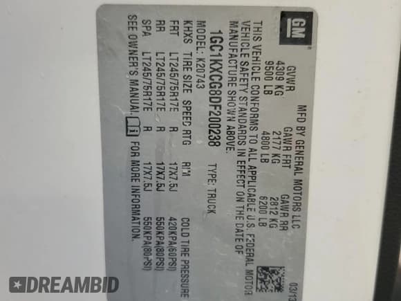 ✅ 2013 Chevrolet Silverado 2500HD LT • VIN: 1GC1KXCG8DF200238 • Lot: 84865865. Listed on Copart with 185,128 mi. Free auction sales archive from the USA and detailed vehicle history report at DreamBid. Image 12.