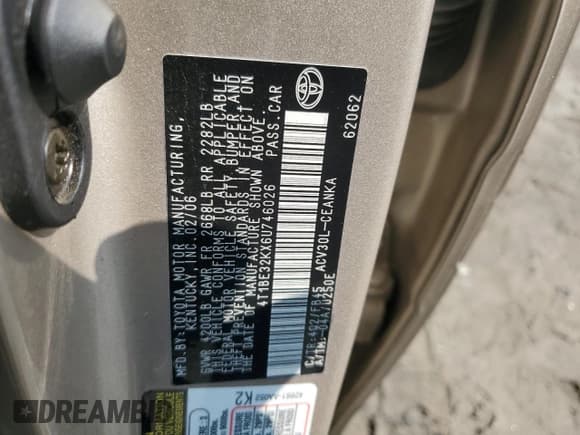 ✅ 2006 Toyota Camry STD • VIN: 4T1BE32KX6U746026 • Lot: 60406805. Listed on Copart with 172,361 mi. Free auction sales archive from the USA and detailed vehicle history report at DreamBid. Image 12.