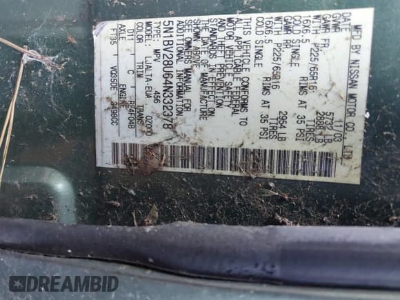 ✅ 2004 Nissan Quest SL • VIN: 5N1BV28U64N332378 • Lot: 41300586. Listed on IAAI with 183,452 mi. Free auction sales archive from the USA and detailed vehicle history report at DreamBid. Image 9.