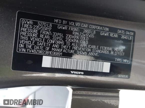 ✅ 2008 Volvo XC70 • VIN: YV4BZ982381036891 • Lot: 43777978. Listed on IAAI with 85,588 mi. Free auction sales archive from the USA and detailed vehicle history report at DreamBid. Image 9.