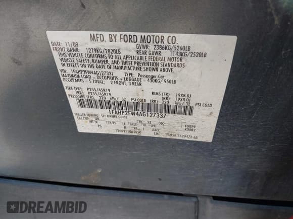 ✅ 2010 Ford Taurus Limited • VIN: 1FAHP2FW4AG127337 • Lot: 43460819. Listed on IAAI with 228,397 mi. Free auction sales archive from the USA and detailed vehicle history report at DreamBid. Image 9.