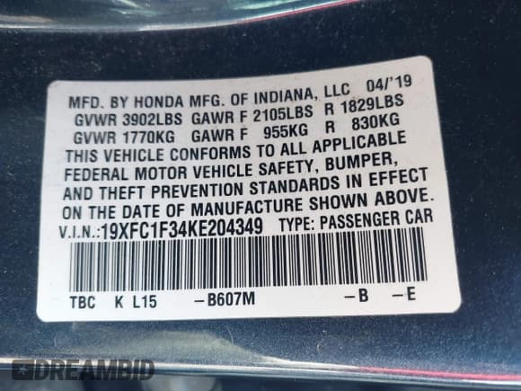 ✅ 2019 Honda Civic EX • VIN: 19XFC1F34KE204349 • Lot: 43780668. Listed on IAAI with 70,089 mi. Free auction sales archive from the USA and detailed vehicle history report at DreamBid. Image 9.