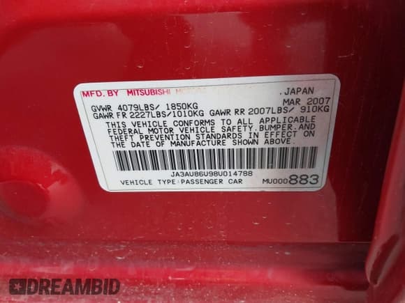 ✅ 2008 Mitsubishi Lancer GTS • VIN: JA3AU86U98U014788 • Lot: 43127077. Listed on IAAI with Not provided. Free auction sales archive from the USA and detailed vehicle history report at DreamBid. Image 9.