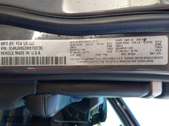 ✅ 2021 Jeep Grand Cherokee Limited • VIN: 1C4RJKBG3M8150735 • Lot: 43530403. Wystawiony na IAAI z przebiegiem 67 364 mil. Bezpłatny archiwum sprzedaży aukcyjnych z USA i szczegółowy raport historii pojazdu na DreamBid. Zdjęcie 9.