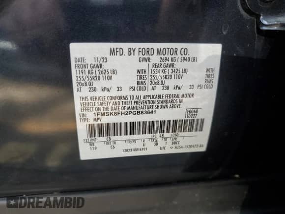 2023 Ford Explorer Limited z VIN 1FMSK8FH2PGB83641, wystawiony jako Copart lot #68029405 z przebiegiem 18 491 mil mil oraz Nie do naprawy • Non repairable. Historia ofert i sprzedaży dostępna na DreamBid. Obrazek 13.