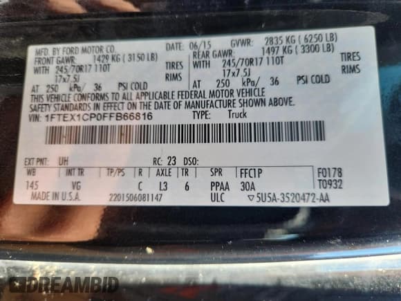 ✅ 2015 Ford F-150 XL • VIN: 1FTEX1CP0FFB66816 • Лот: 70143485. Опубликован ранее на Copart с пробегом Не указан. Бесплатный доступ к архиву аукционных продаж из США и подробный отчёт об истории автомобиля на DreamBid. Изображение 12.