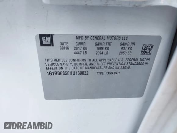 ✅ 2017 Chevrolet Volt Premier • VIN: 1G1RB6S58HU139822 • Lot: 43156011. Listed on IAAI with 111,479 mi. Free auction sales archive from the USA and detailed vehicle history report at DreamBid. Image 9.